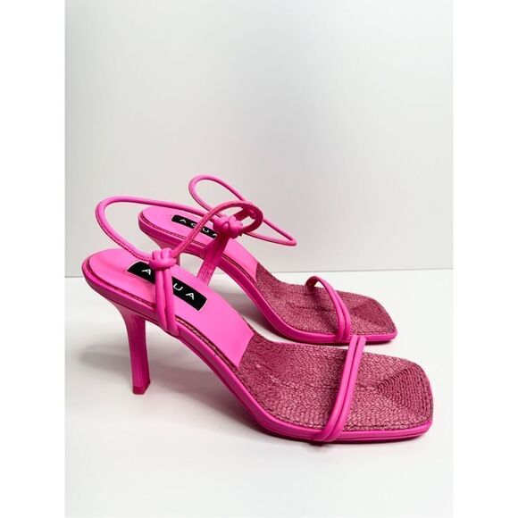AQUA Sandals Womens Size 8.5 Square Toe Pink Raffia Detail Slip On Heel NEW - Picture 2 of 11